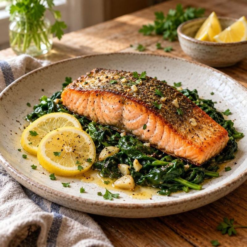 Salmon with fresh greens for lunch or dinner