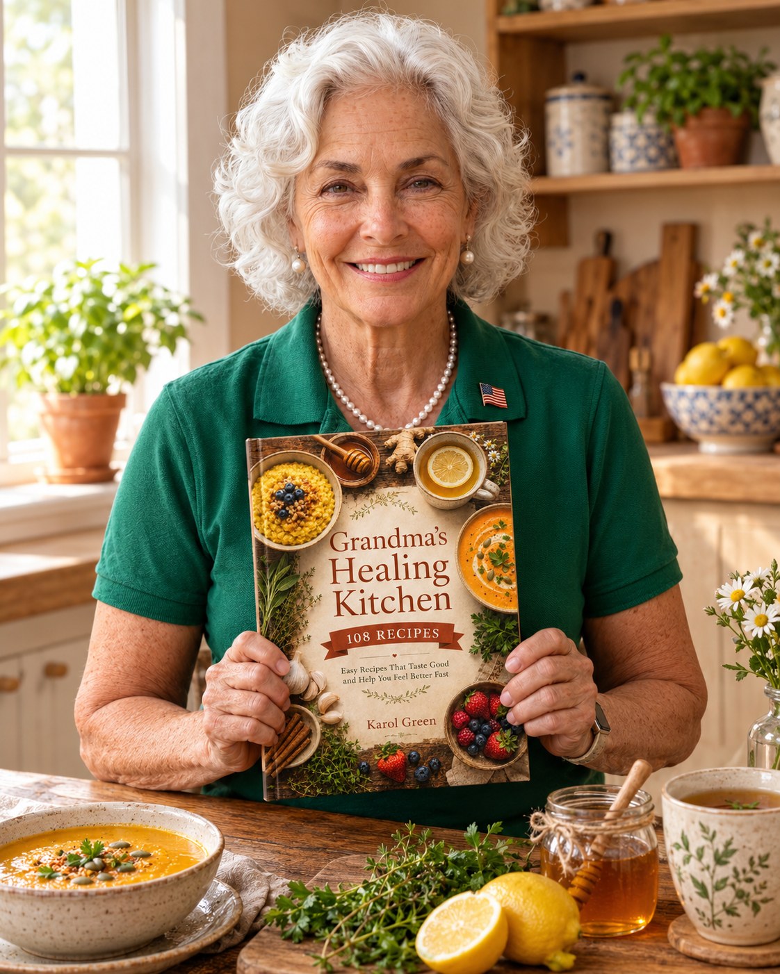 Karol Green holding Grandma's Healing Kitchen in her warm home kitchen