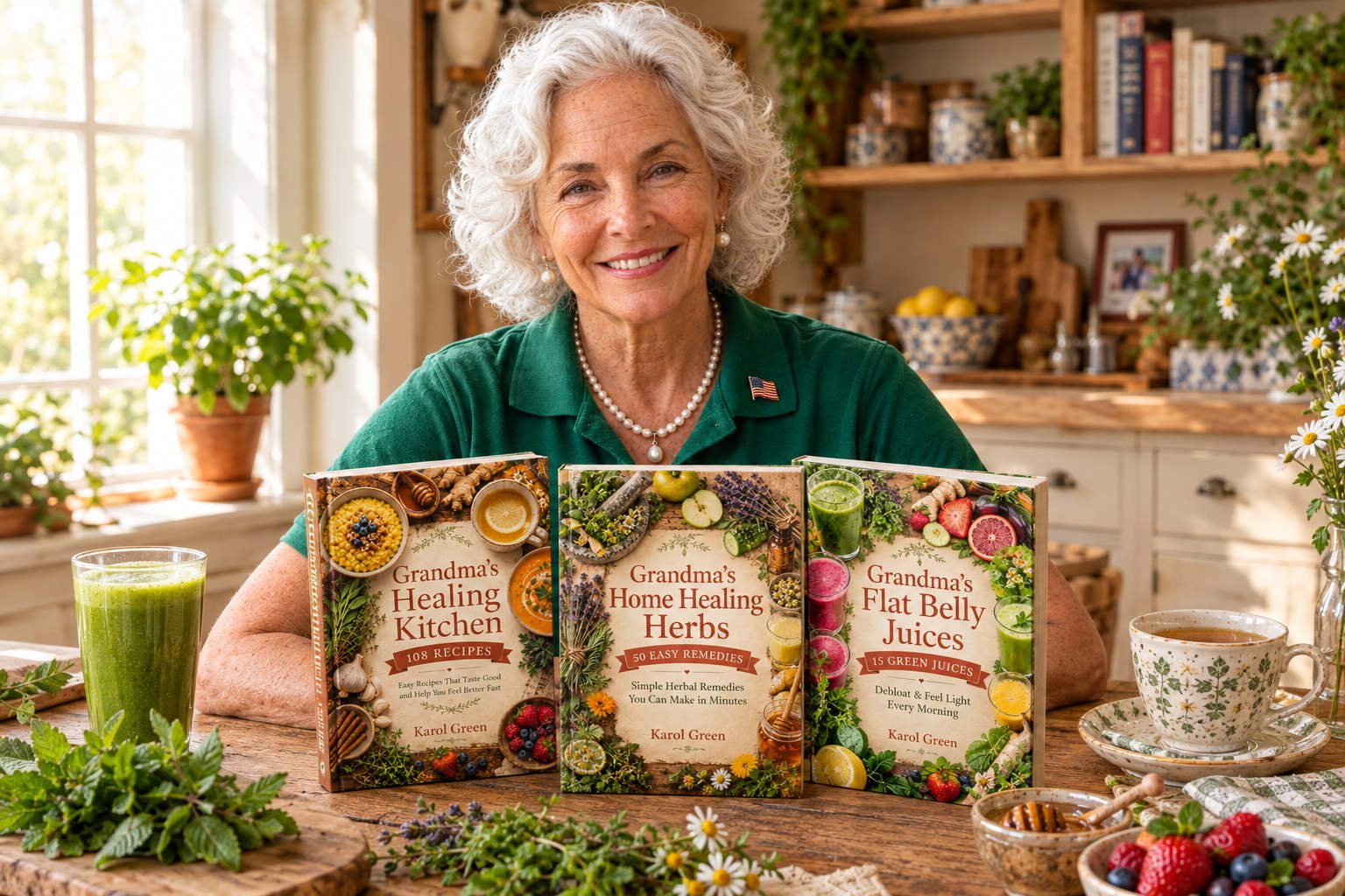 Karol Green with all three books in Grandma's collection